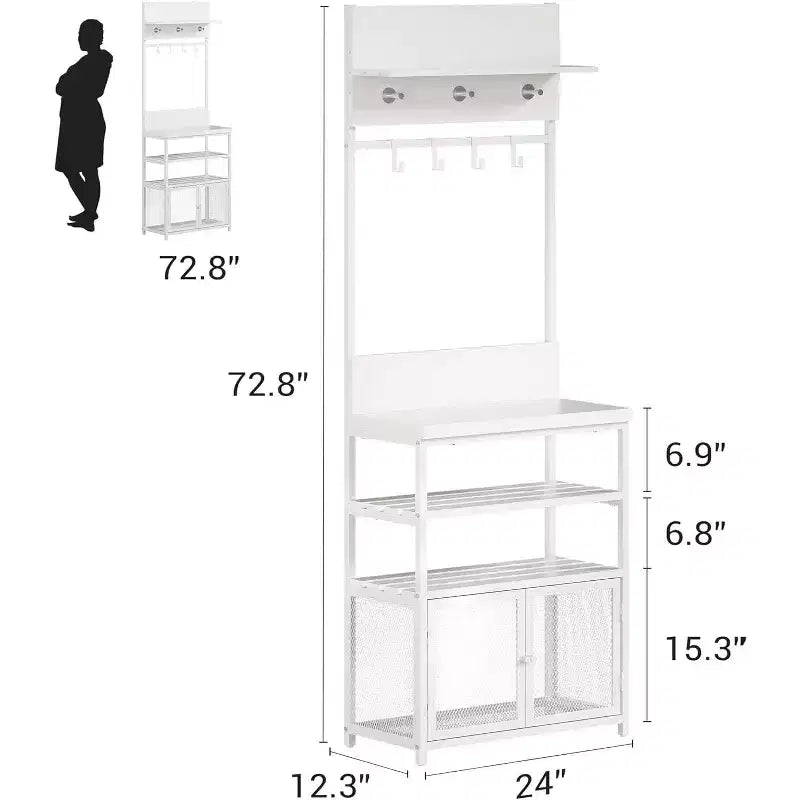Meuble d'entrée avec porte-manteau, 185 cm, blanc, organiseur étroit, 7 crochets, étagère à chaussures à 3 niveaux, structure en métal, armoire en MDF pour vestiaire/chambre/couloir