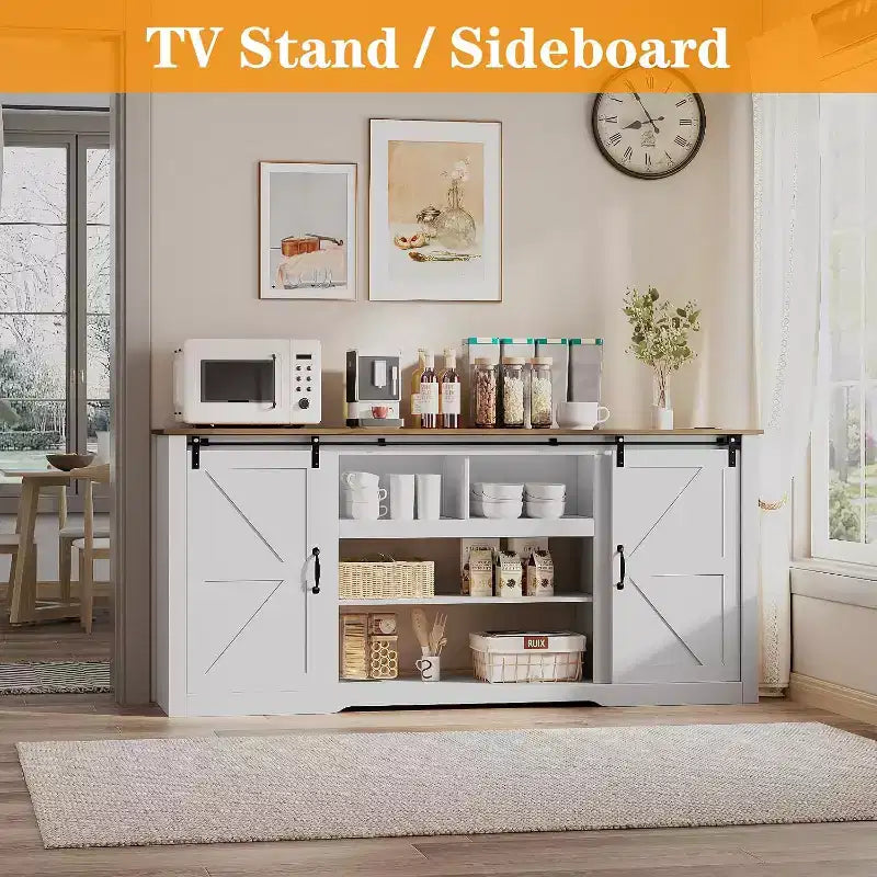 Meuble TV de ferme pour téléviseurs de 80 pouces, console multimédia de 70 pouces avec portes coulissantes de grange et armoires de rangement