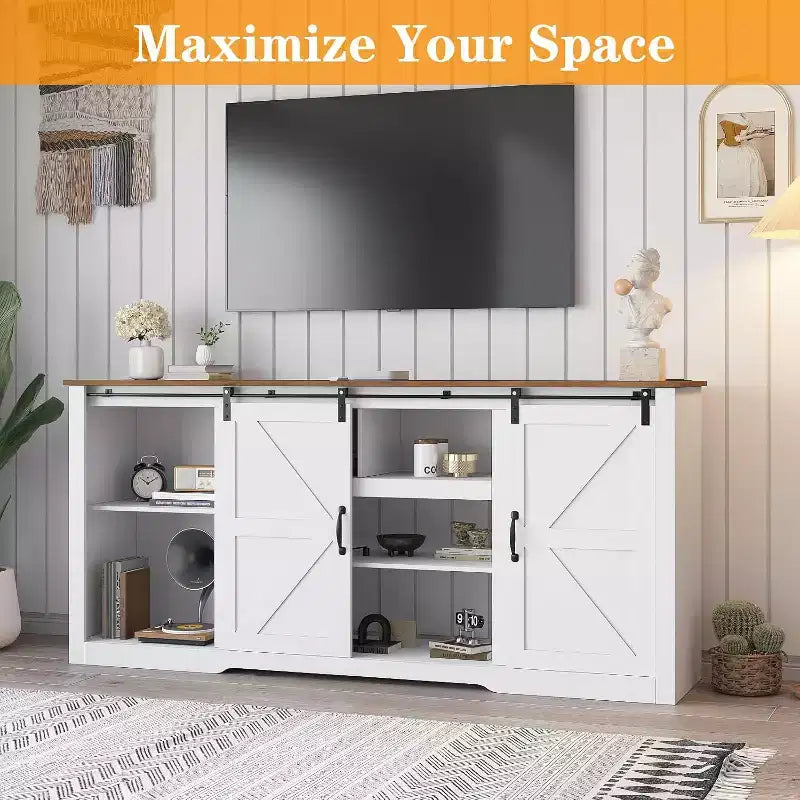 Meuble TV de ferme pour téléviseurs de 80 pouces, console multimédia de 70 pouces avec portes coulissantes de grange et armoires de rangement