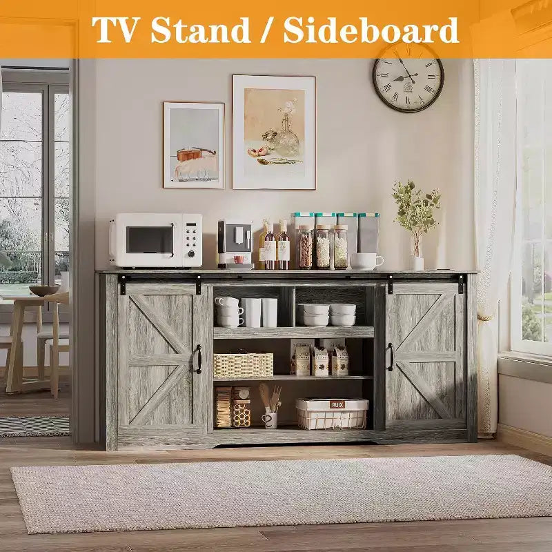 Meuble TV de ferme pour téléviseurs de 80 pouces, console multimédia de 70 pouces avec portes coulissantes de grange et armoires de rangement