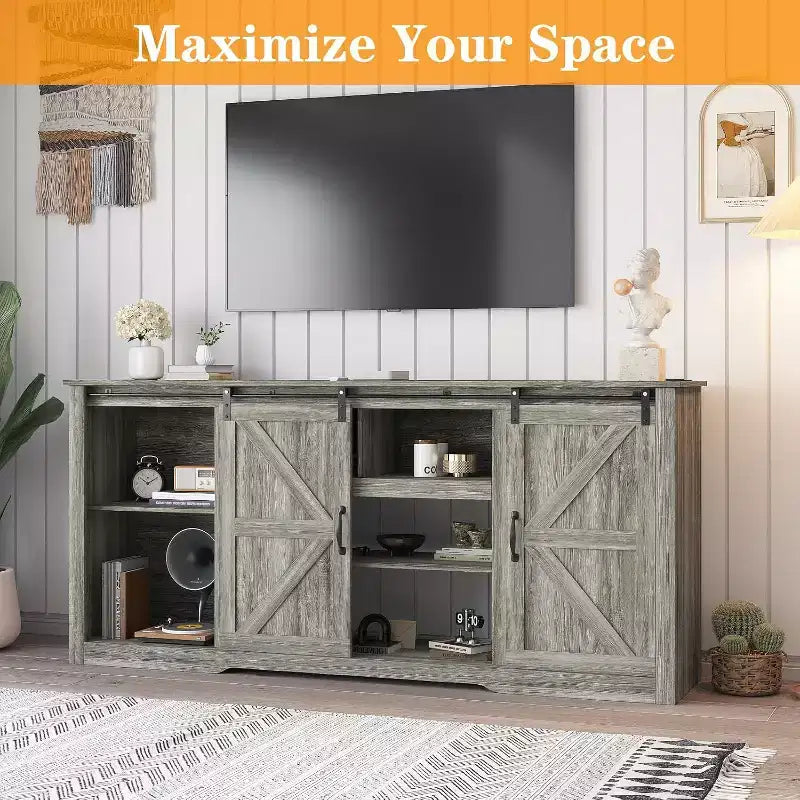 Meuble TV de ferme pour téléviseurs de 80 pouces, console multimédia de 70 pouces avec portes coulissantes de grange et armoires de rangement