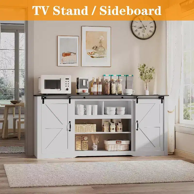 Meuble TV de ferme pour téléviseurs de 80 pouces, console multimédia de 70 pouces avec portes coulissantes de grange et armoires de rangement