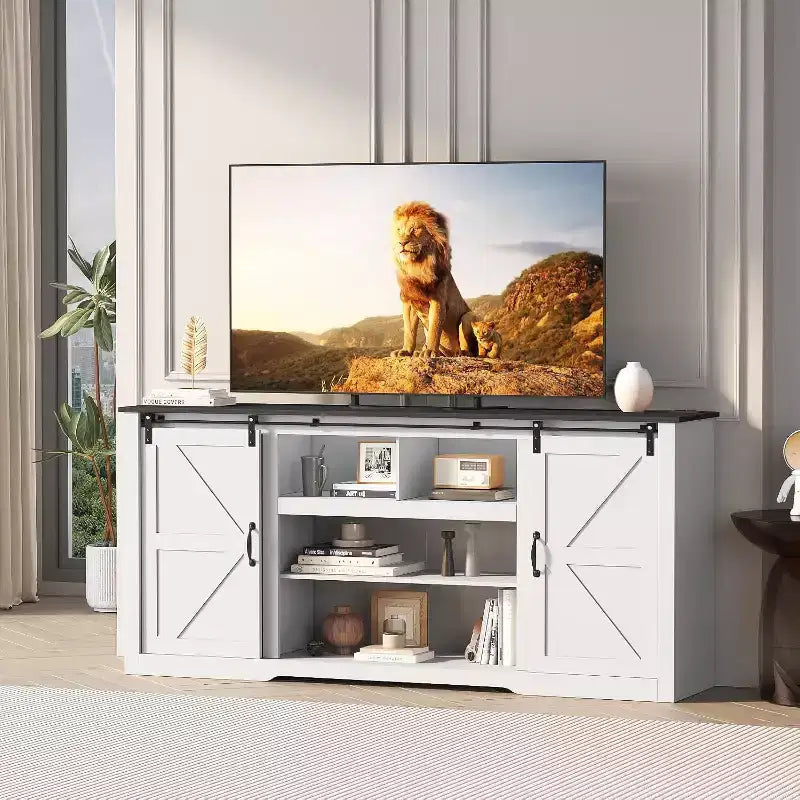 Farmhouse TV Stand for 80 Inch TVs, 70 Inch Media Console with Sliding Barn Doors & Storage Cabinets