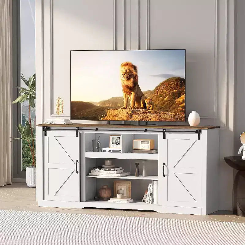 Meuble TV de ferme pour téléviseurs de 80 pouces, console multimédia de 70 pouces avec portes coulissantes de grange et armoires de rangement