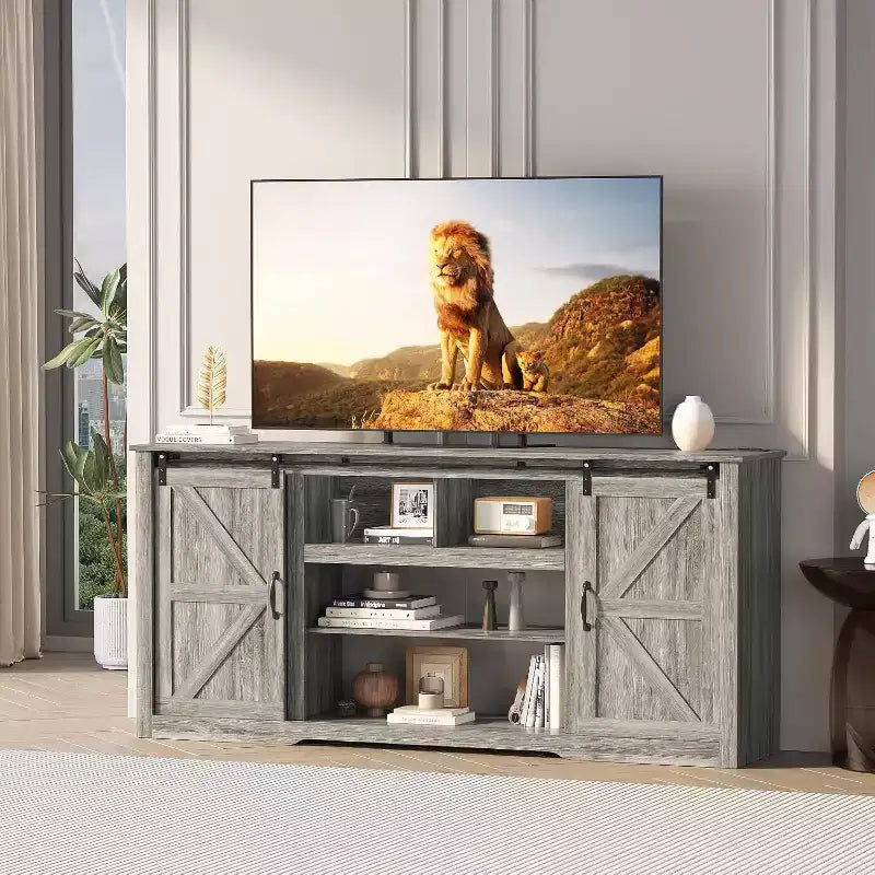 Meuble TV de ferme pour téléviseurs de 80 pouces, console multimédia de 70 pouces avec portes coulissantes de grange et armoires de rangement