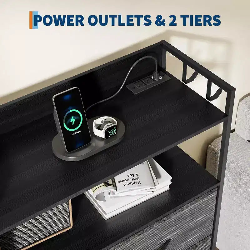 Commode en tissu avec 8+3 tiroirs, lumières LED et station de charge – Comprend des étagères supérieures en bois, 4 poches latérales, des crochets et un cadre en acier robuste