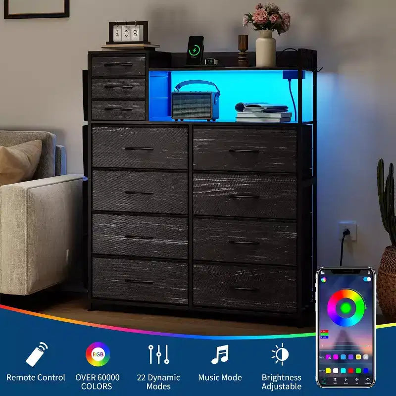 Commode en tissu avec 8+3 tiroirs, lumières LED et station de charge – Comprend des étagères supérieures en bois, 4 poches latérales, des crochets et un cadre en acier robuste