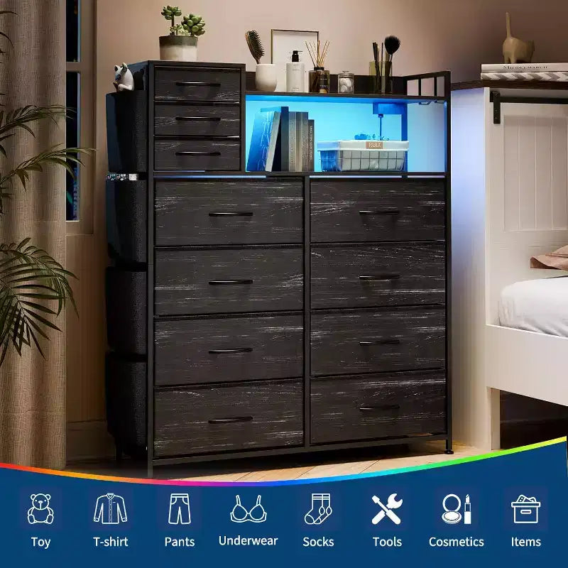 Commode en tissu avec 8+3 tiroirs, lumières LED et station de charge – Comprend des étagères supérieures en bois, 4 poches latérales, des crochets et un cadre en acier robuste