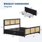 Boho Cane Bed Frame with LED Headboard (7 Colors), 4 Large Drawers, Metal Slats, No Box Spring Needed