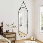 Miroir ovale pleine longueur (48x16) - Cadre en aluminium noir et sangle en cuir. Pour salle de bain, salon, décoration d'entrée.