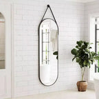 Miroir ovale pleine longueur (48x16) - Cadre en aluminium noir et sangle en cuir. Pour salle de bain, salon, décoration d'entrée.