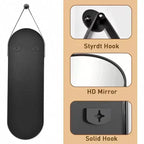 Miroir ovale pleine longueur (48x16) - Cadre en aluminium noir et sangle en cuir. Pour salle de bain, salon, décoration d'entrée.