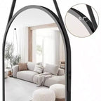 Miroir ovale pleine longueur (48x16) - Cadre en aluminium noir et sangle en cuir. Pour salle de bain, salon, décoration d'entrée.