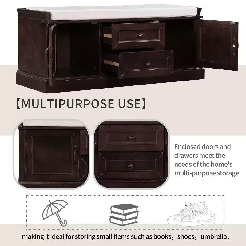 Banc de rangement avec 2 tiroirs et 2 placards, banc à chaussures rétro avec coussin amovible, banc de rangement multifonctionnel pour couloir, entrée