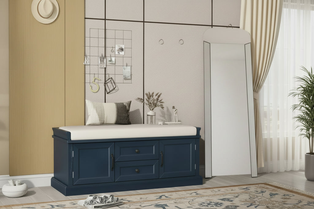Banc de rangement avec 2 tiroirs et 2 placards, banc à chaussures rétro avec coussin amovible, banc de rangement multifonctionnel pour couloir, entrée