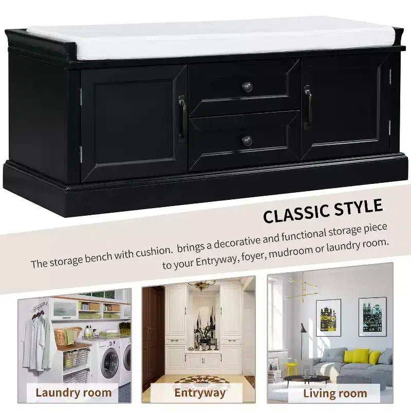 Banc de rangement avec 2 tiroirs et 2 placards, banc à chaussures rétro avec coussin amovible, banc de rangement multifonctionnel pour couloir, entrée