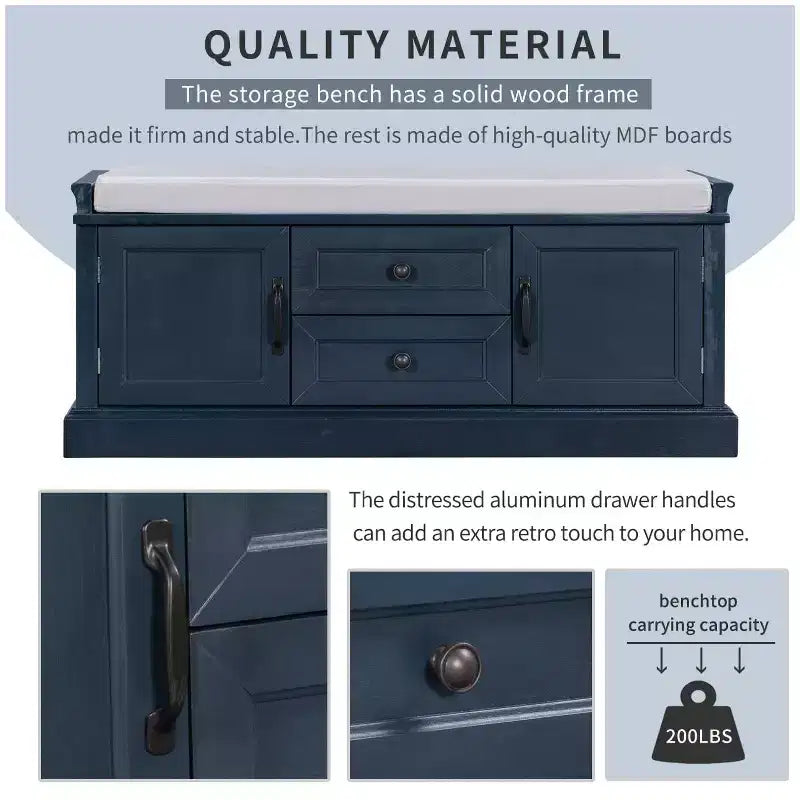 Banc de rangement avec 2 tiroirs et 2 placards, banc à chaussures rétro avec coussin amovible, banc de rangement multifonctionnel pour couloir, entrée