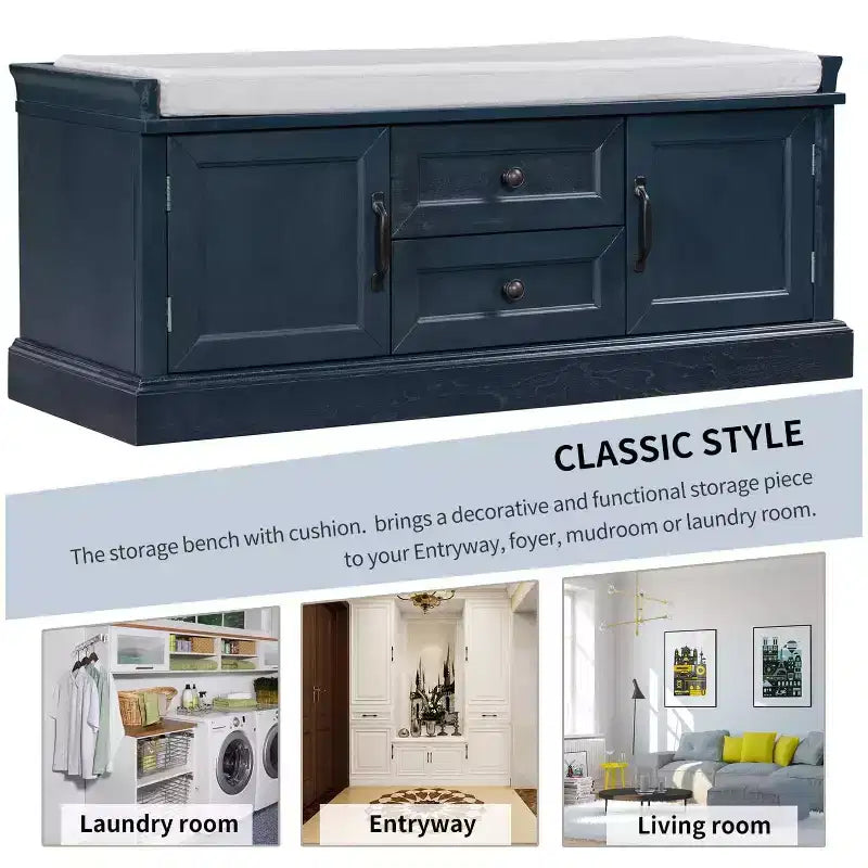 Banc de rangement avec 2 tiroirs et 2 placards, banc à chaussures rétro avec coussin amovible, banc de rangement multifonctionnel pour couloir, entrée