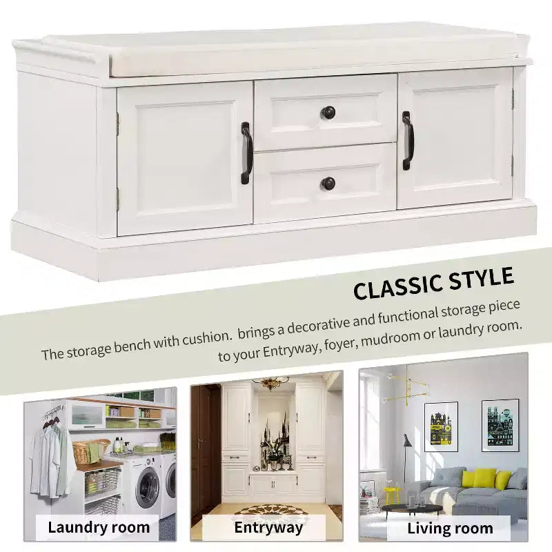 Banc de rangement avec 2 tiroirs et 2 placards, banc à chaussures rétro avec coussin amovible, banc de rangement multifonctionnel pour couloir, entrée