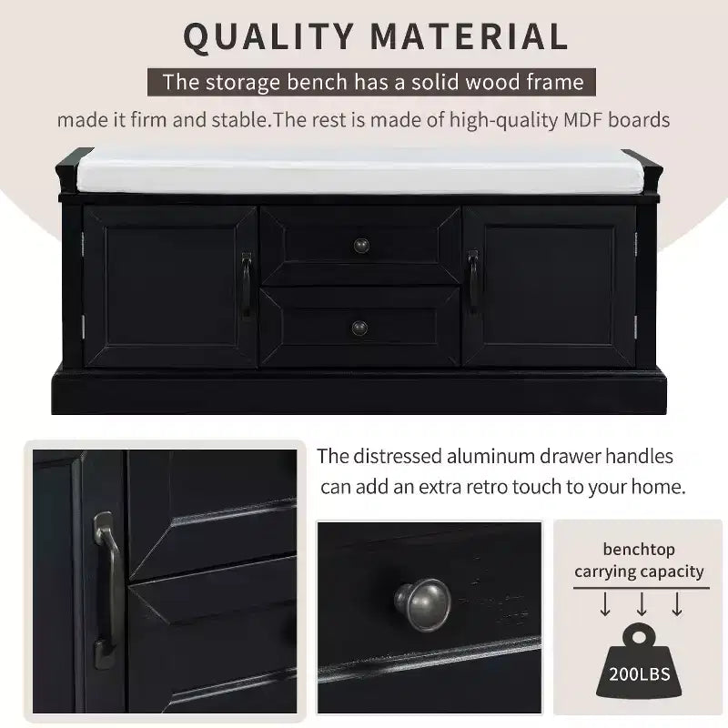Banc de rangement avec 2 tiroirs et 2 placards, banc à chaussures rétro avec coussin amovible, banc de rangement multifonctionnel pour couloir, entrée
