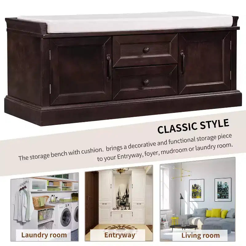 Banc de rangement avec 2 tiroirs et 2 placards, banc à chaussures rétro avec coussin amovible, banc de rangement multifonctionnel pour couloir, entrée