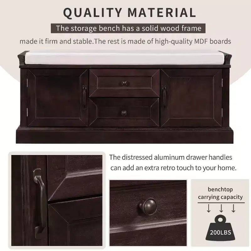 Banc de rangement avec 2 tiroirs et 2 placards, banc à chaussures rétro avec coussin amovible, banc de rangement multifonctionnel pour couloir, entrée