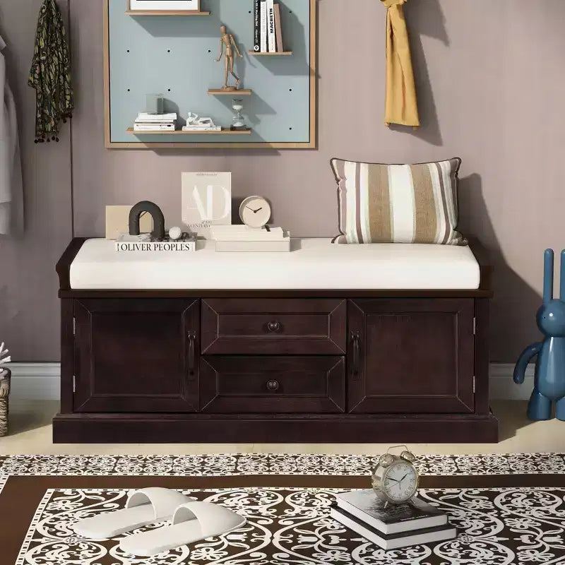 Banc de rangement avec 2 tiroirs et 2 placards, banc à chaussures rétro avec coussin amovible, banc de rangement multifonctionnel pour couloir, entrée