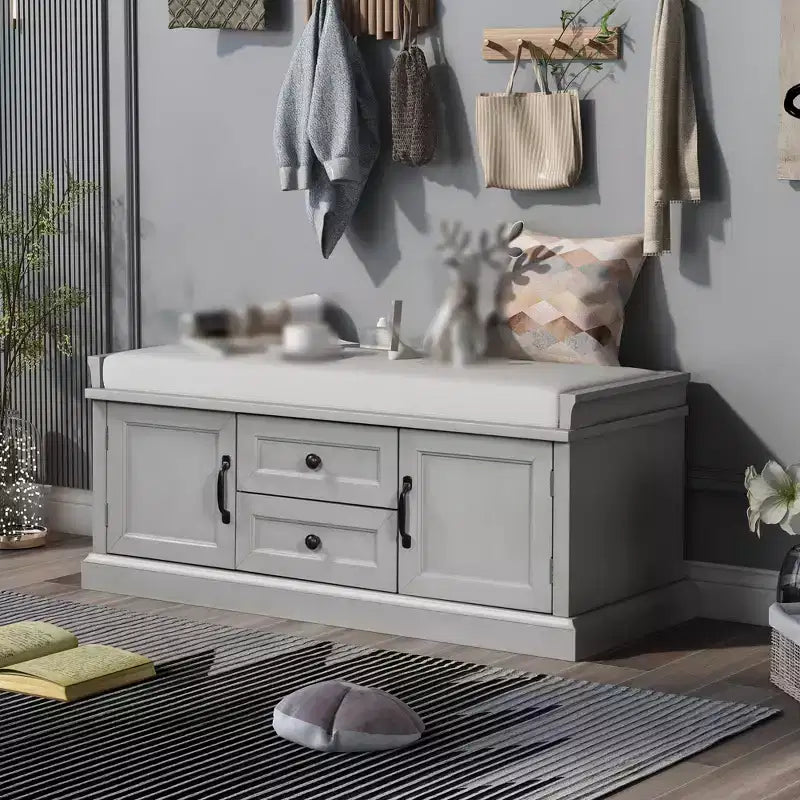 Banc de rangement avec 2 tiroirs et 2 placards, banc à chaussures rétro avec coussin amovible, banc de rangement multifonctionnel pour couloir, entrée