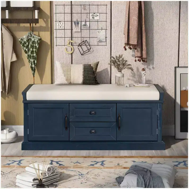 Banc de rangement avec 2 tiroirs et 2 placards, banc à chaussures rétro avec coussin amovible, banc de rangement multifonctionnel pour couloir, entrée