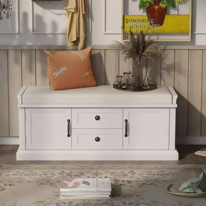 Banc de rangement avec 2 tiroirs et 2 placards, banc à chaussures rétro avec coussin amovible, banc de rangement multifonctionnel pour couloir, entrée