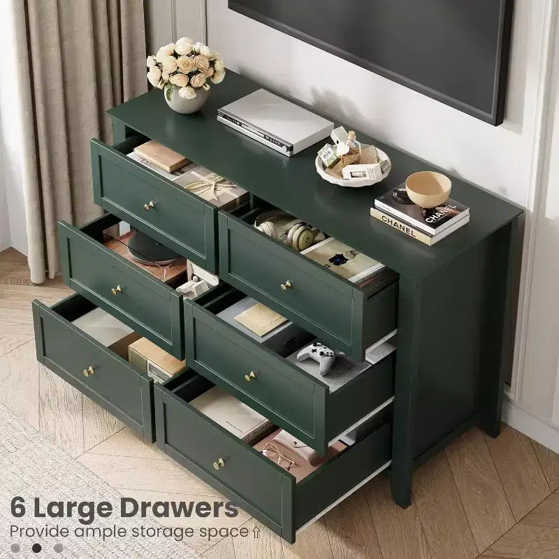 Commode noire à 6 tiroirs pour chambre à coucher, grande commode avec tiroirs profonds et poignées en métal, commodes en bois modernes pour entrée, couloir