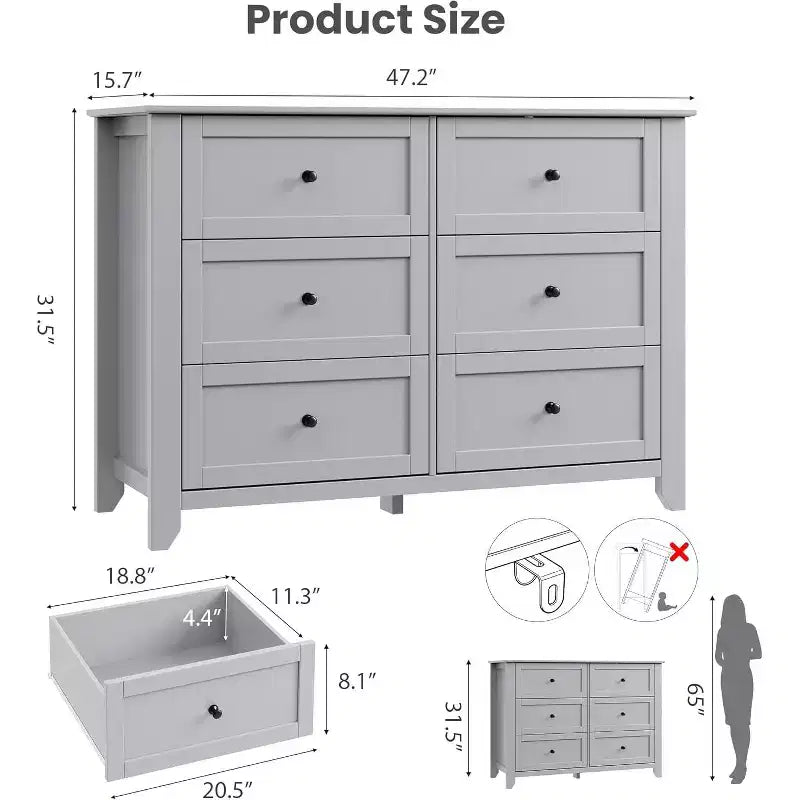 Commode noire à 6 tiroirs pour chambre à coucher, grande commode avec tiroirs profonds et poignées en métal, commodes en bois modernes pour entrée, couloir