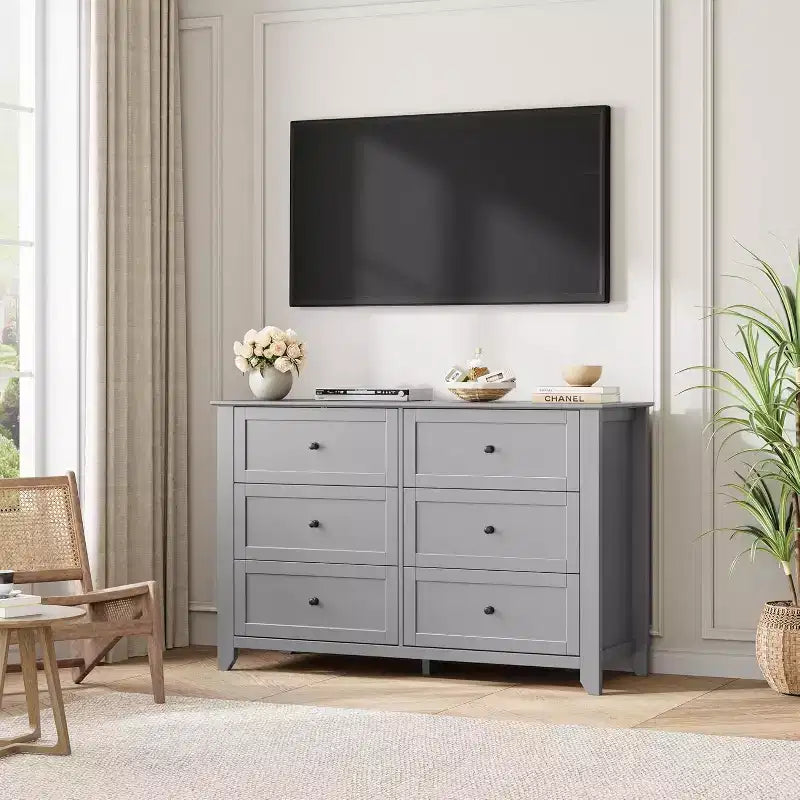 Commode noire à 6 tiroirs pour chambre à coucher, grande commode avec tiroirs profonds et poignées en métal, commodes en bois modernes pour entrée, couloir