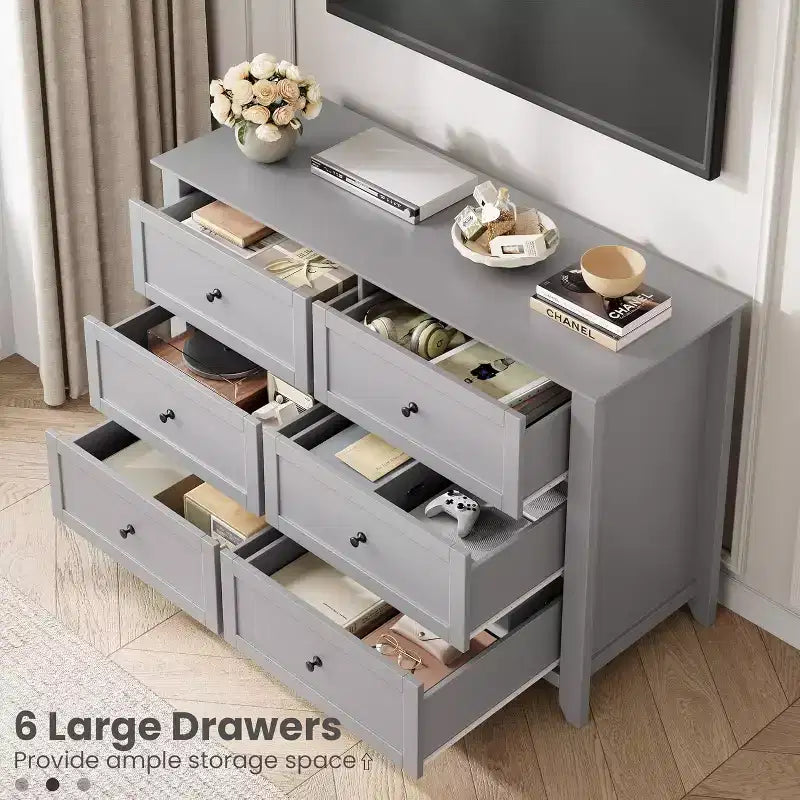 Commode noire à 6 tiroirs pour chambre à coucher, grande commode avec tiroirs profonds et poignées en métal, commodes en bois modernes pour entrée, couloir
