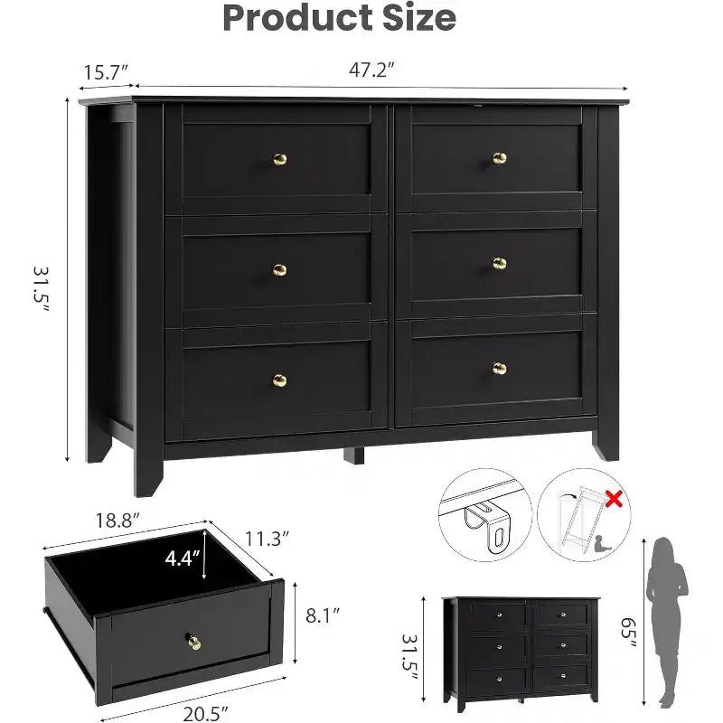 Commode noire à 6 tiroirs pour chambre à coucher, grande commode avec tiroirs profonds et poignées en métal, commodes en bois modernes pour entrée, couloir