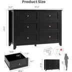 Commode noire à 6 tiroirs pour chambre à coucher, grande commode avec tiroirs profonds et poignées en métal, commodes en bois modernes pour entrée, couloir