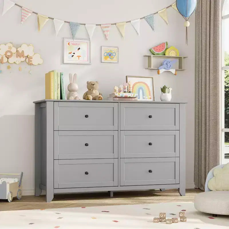 Commode noire à 6 tiroirs pour chambre à coucher, grande commode avec tiroirs profonds et poignées en métal, commodes en bois modernes pour entrée, couloir