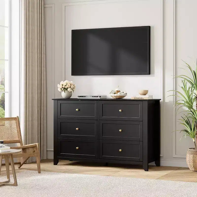 Commode noire à 6 tiroirs pour chambre à coucher, grande commode avec tiroirs profonds et poignées en métal, commodes en bois modernes pour entrée, couloir