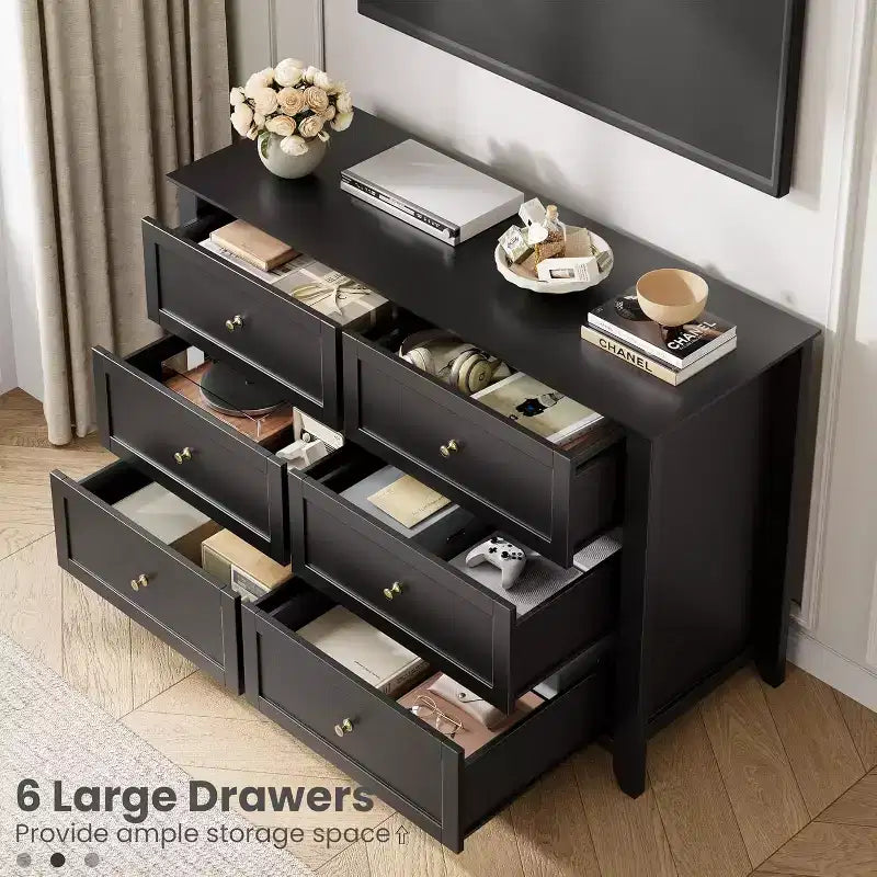Commode noire à 6 tiroirs pour chambre à coucher, grande commode avec tiroirs profonds et poignées en métal, commodes en bois modernes pour entrée, couloir
