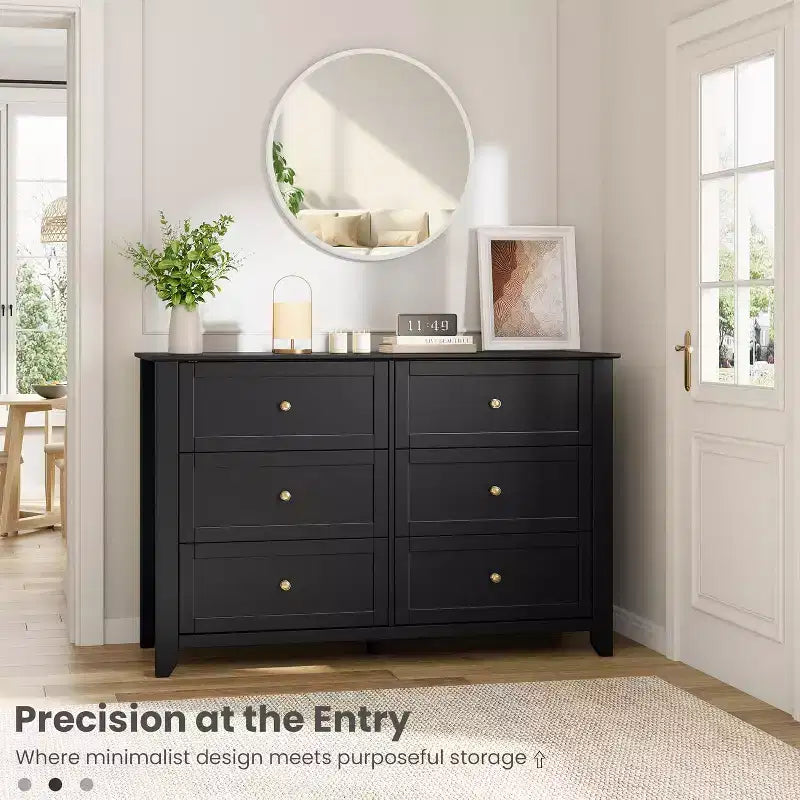 Commode noire à 6 tiroirs pour chambre à coucher, grande commode avec tiroirs profonds et poignées en métal, commodes en bois modernes pour entrée, couloir