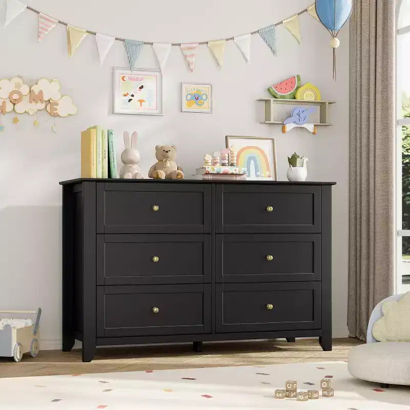 Commode noire à 6 tiroirs pour chambre à coucher, grande commode avec tiroirs profonds et poignées en métal, commodes en bois modernes pour entrée, couloir