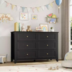 Commode noire à 6 tiroirs pour chambre à coucher, grande commode avec tiroirs profonds et poignées en métal, commodes en bois modernes pour entrée, couloir