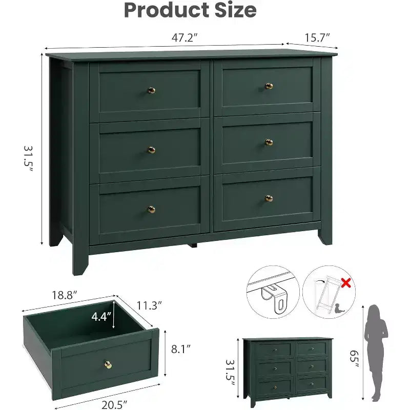 Commode noire à 6 tiroirs pour chambre à coucher, grande commode avec tiroirs profonds et poignées en métal, commodes en bois modernes pour entrée, couloir