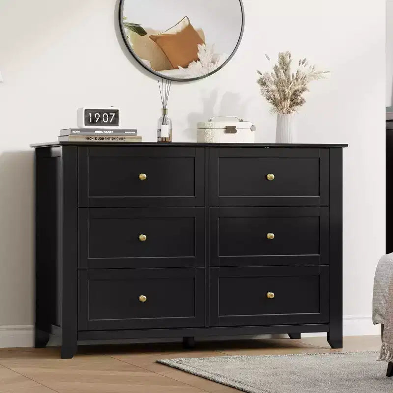 Black 6 Drawer Dresser for Bedroom, Large Dresser with Deep Drawers & Metal Knobs, Modern Wooden Chests of Drawers for Entryway, Hallway