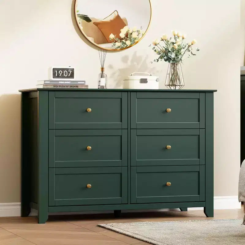 Commode noire à 6 tiroirs pour chambre à coucher, grande commode avec tiroirs profonds et poignées en métal, commodes en bois modernes pour entrée, couloir