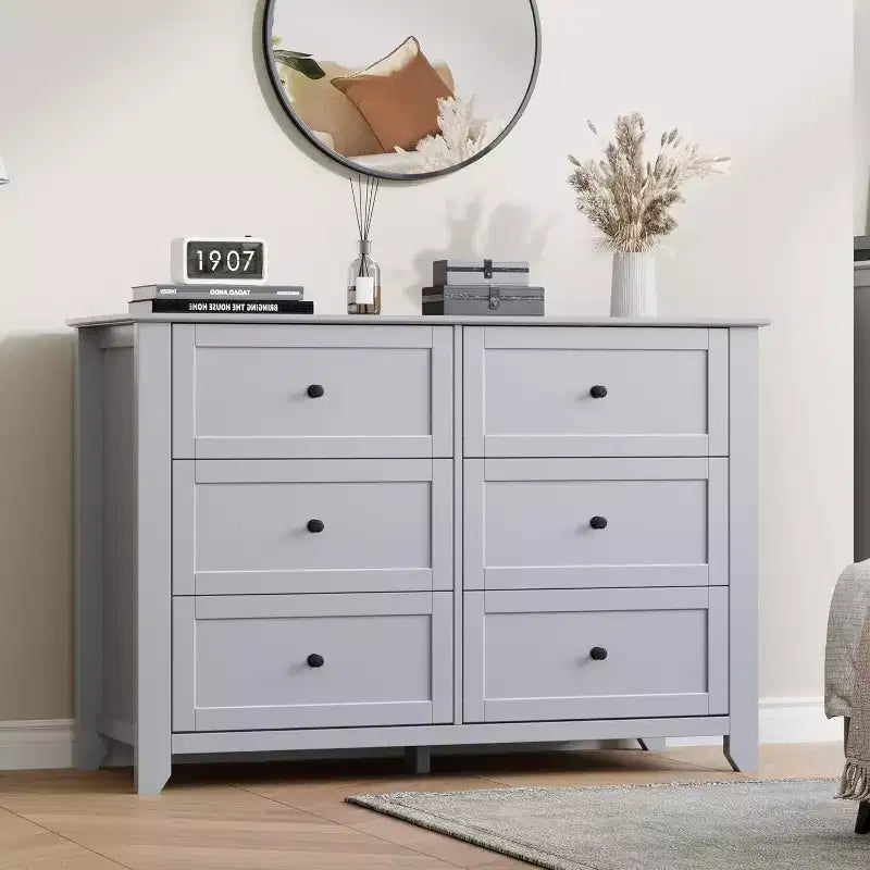 Commode noire à 6 tiroirs pour chambre à coucher, grande commode avec tiroirs profonds et poignées en métal, commodes en bois modernes pour entrée, couloir