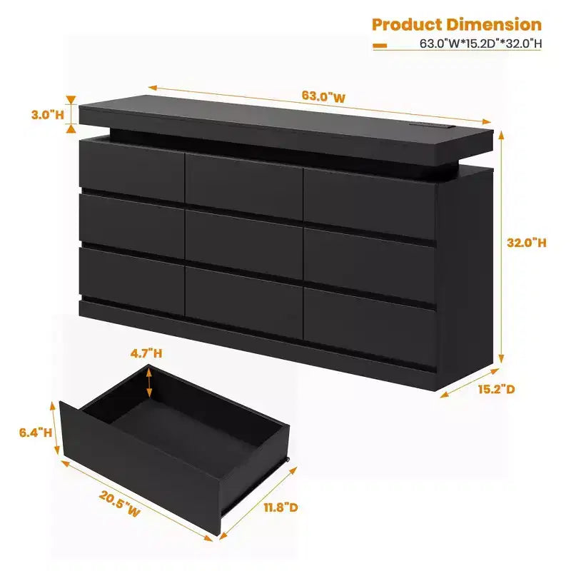 Commode à 9 tiroirs pour chambre à coucher - Commode de 160 cm de large avec lumière LED et station de recharge, grand meuble TV, organisateur de maison multifonctionnel