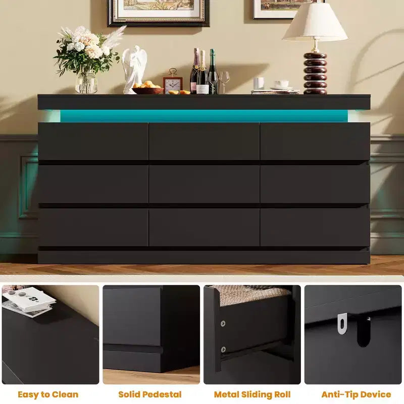 Commode à 9 tiroirs pour chambre à coucher - Commode de 160 cm de large avec lumière LED et station de recharge, grand meuble TV, organisateur de maison multifonctionnel