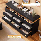 Commode à 9 tiroirs pour chambre à coucher - Commode de 160 cm de large avec lumière LED et station de recharge, grand meuble TV, organisateur de maison multifonctionnel