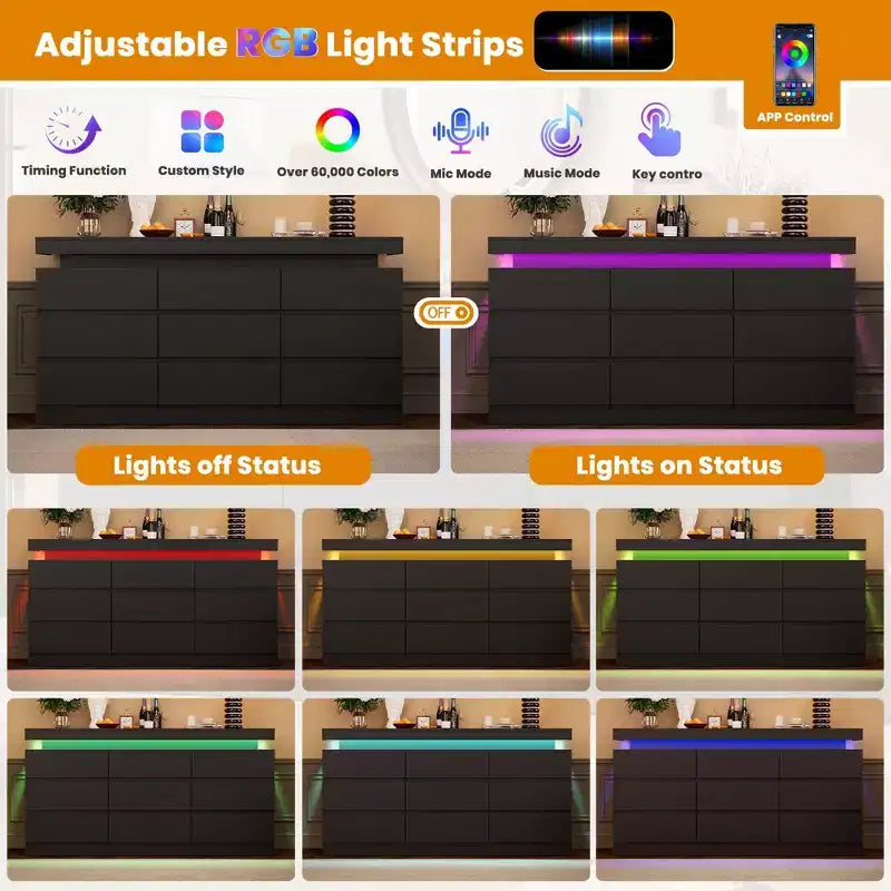 Commode à 9 tiroirs pour chambre à coucher - Commode de 160 cm de large avec lumière LED et station de recharge, grand meuble TV, organisateur de maison multifonctionnel
